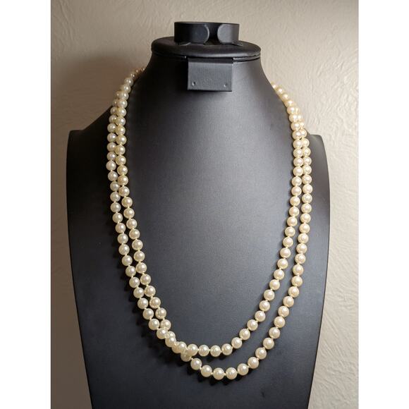 RARE 80s VTG Signed GEP 54" Faux Pearls Gold-Tone Lobster Claw Clasp Necklace - Picture 1 of 7
